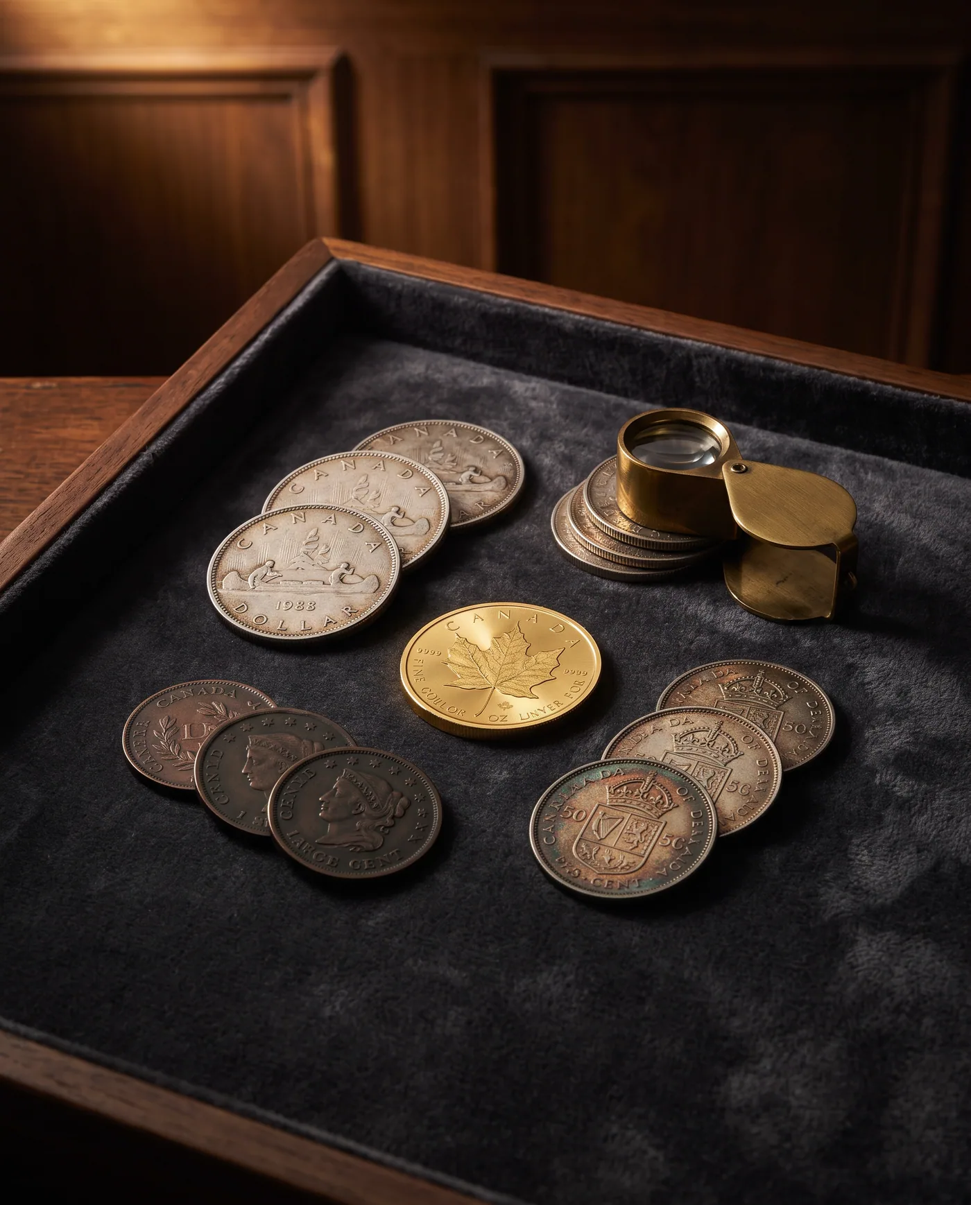 Canadian silver dollars, a gold Maple Leaf, fifty-cent pieces and large cents on dark velvet in a wooden tray beside a jeweller's loupe