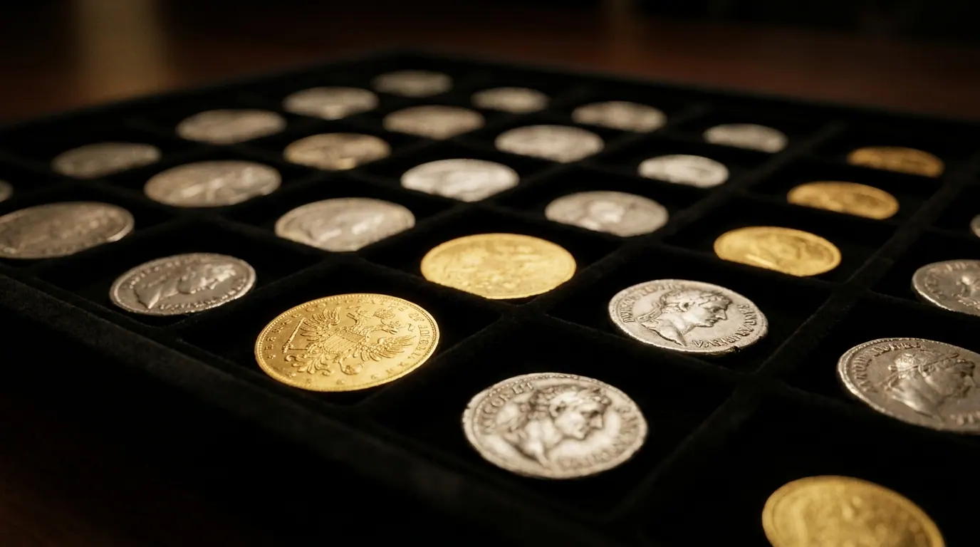 Velvet-lined collector's tray holding rows of silver and gold coins under gallery lighting