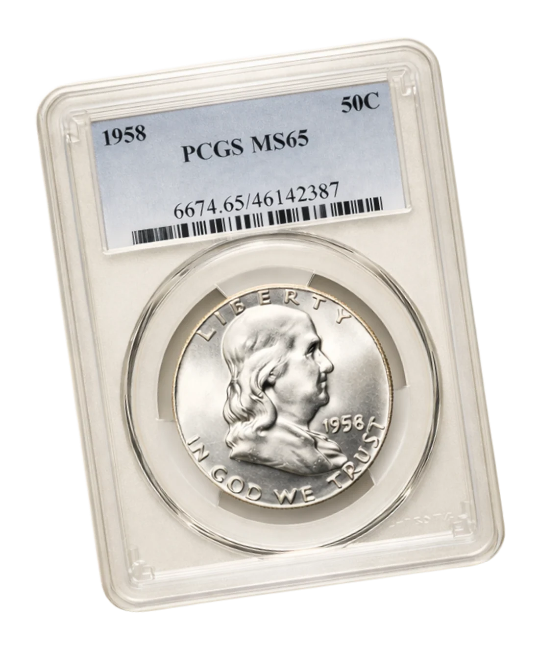 The giveaway prize: a 1958 Franklin Half Dollar graded PCGS MS65 in its sealed holder