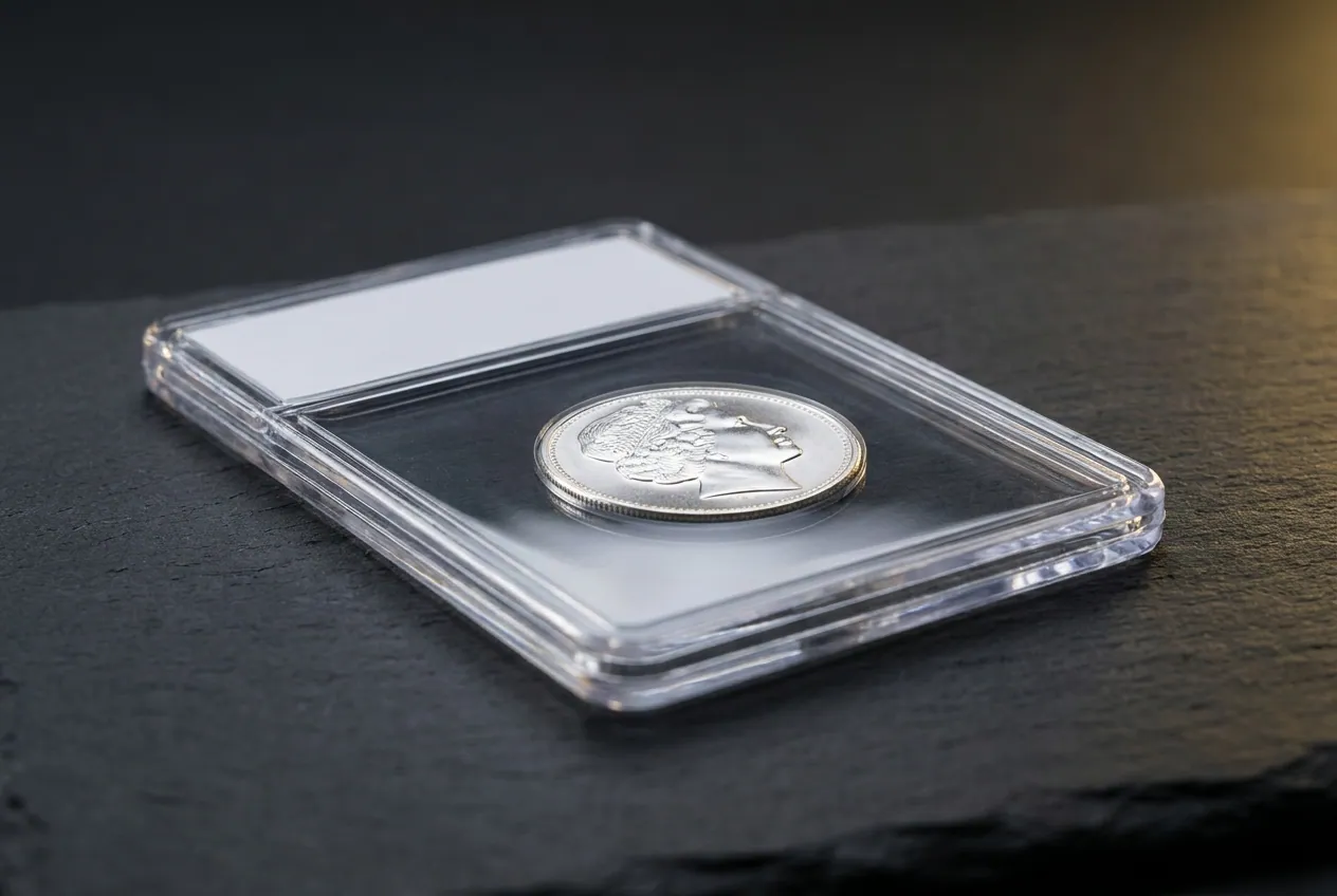 Silver coin sealed in a clear certified grading holder resting on dark slate