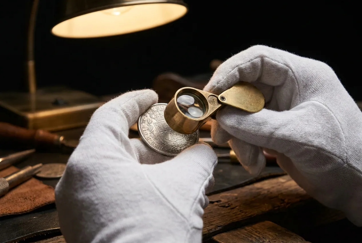 Gloved hands examining a silver coin through a jeweller's loupe under a desk lamp