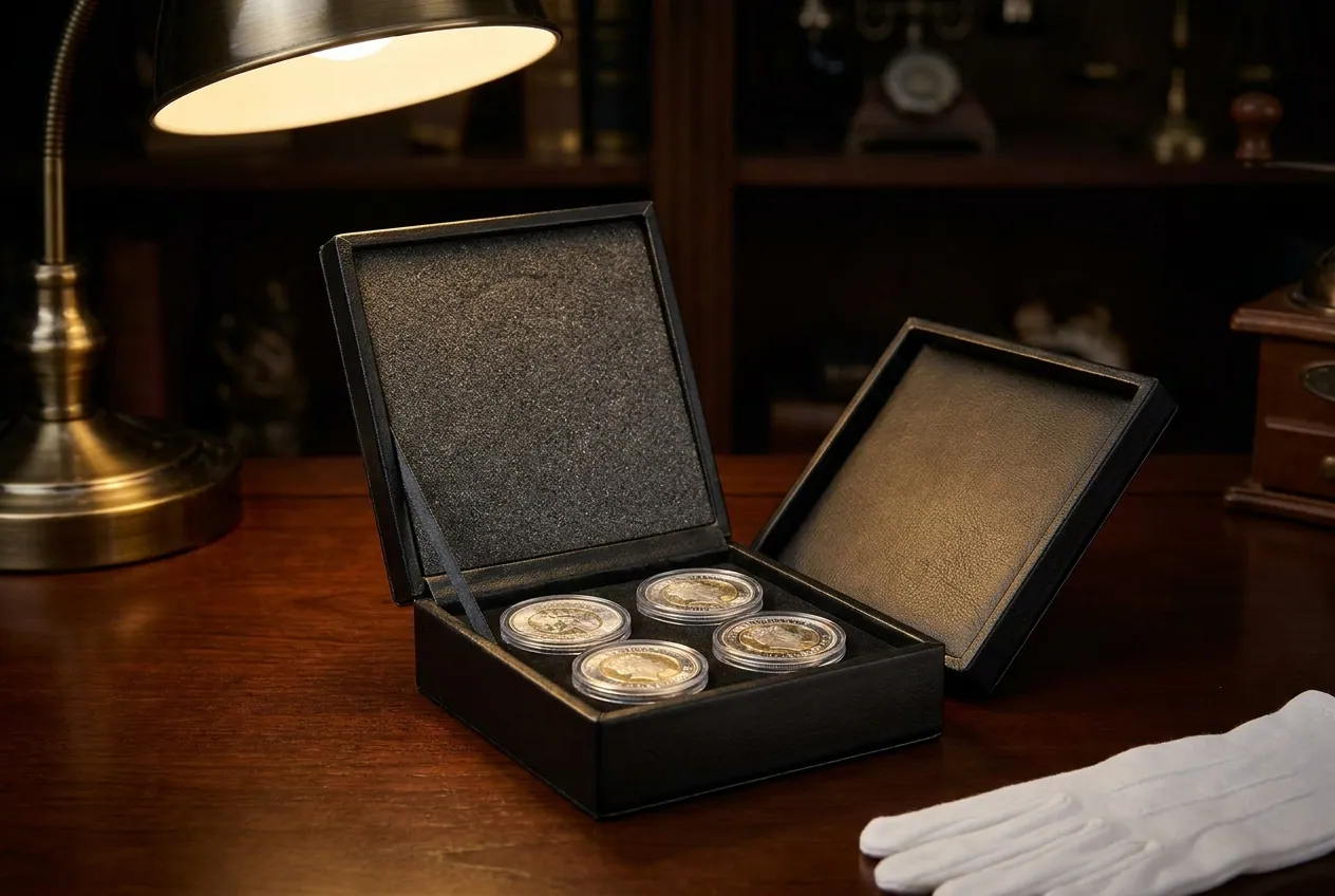 Four coins in clear protective holders packed in a foam-lined rigid box beside a white cotton glove